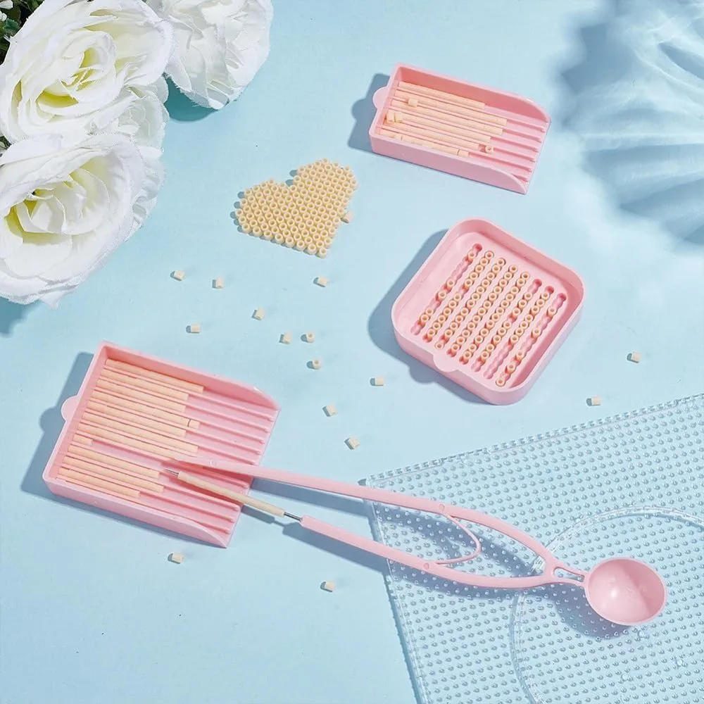 Mini Light Coral Beads Picking Tray Kit Bead Single Needle Tweezer with 2Pcs Bead Scoop and Aligner Tray Kit Plastic Beads