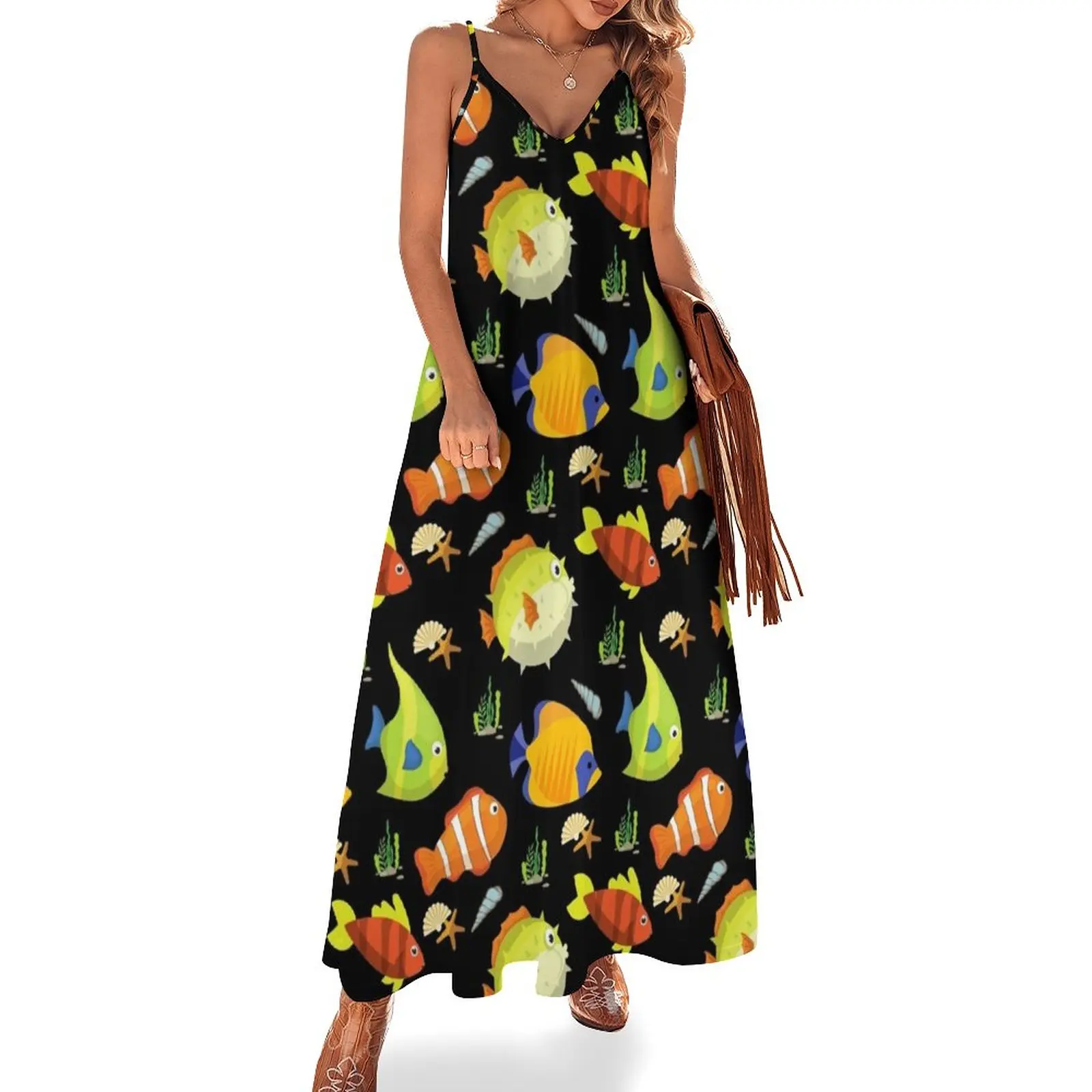 

Tropical Fish Pattern in Black Background Sleeveless Dress Long dress Evening gown