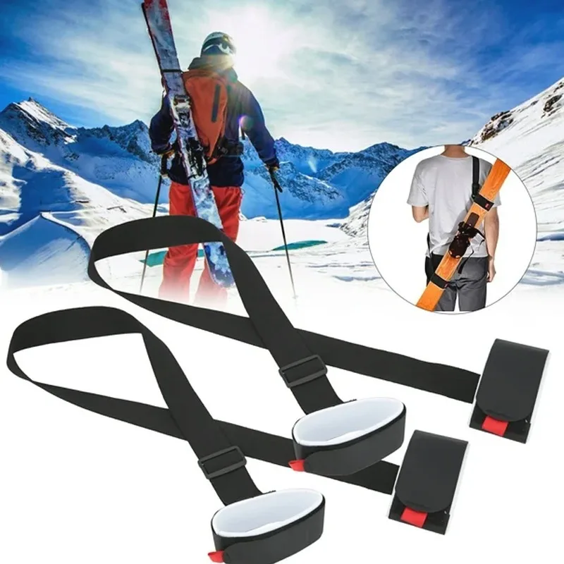 2 Packs Adjustable Ski and Pole Carrier Strap Shoulder Carrier Lash Handle Belt with Cushioned Fastener Tape Strap Loop