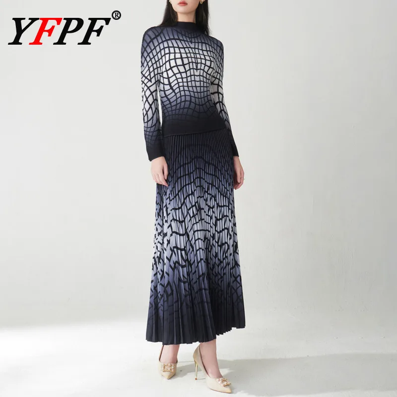 

YFPF Miyake Pleated Fashion Women Two Piece Set Plaid Printing Long Sleeve Tops + A Line Long Skirt Elegant 2025 New Clothing