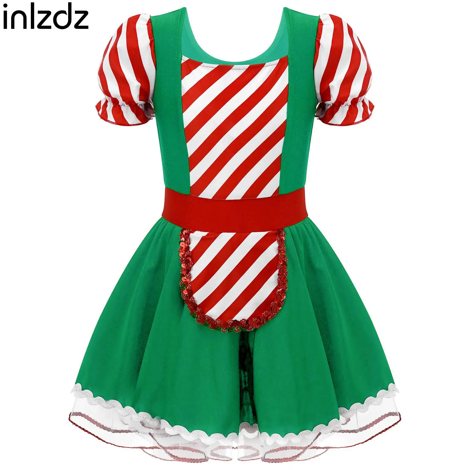 Girls Gingerbread Man Costume Cookie Christmas Halloween Party Roleplay Dress Up Stripe Sequin Tutu Dress Jumpsuit Performance