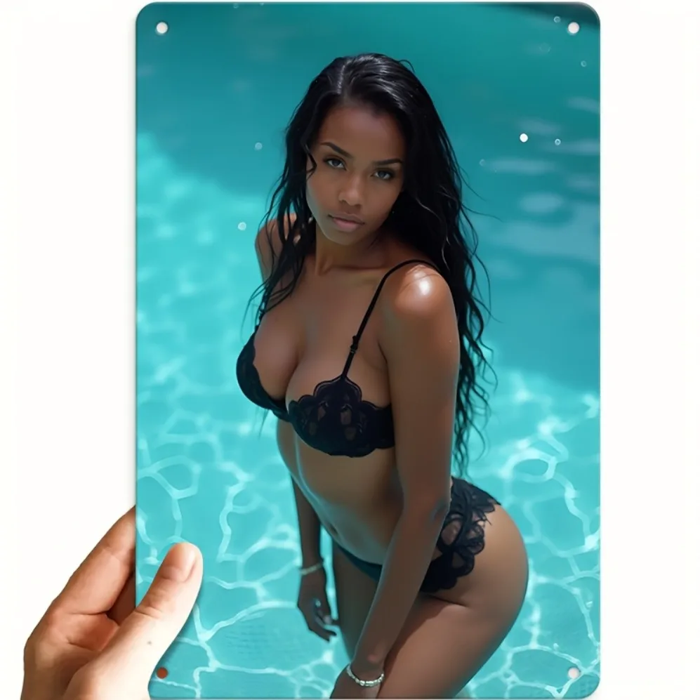 1PC Metal Wall Art Decor, Sexy Bikini Girl Poster, Pre-drilled Easy Install, Modern Beach Wall Art for Home Bar Kitchen