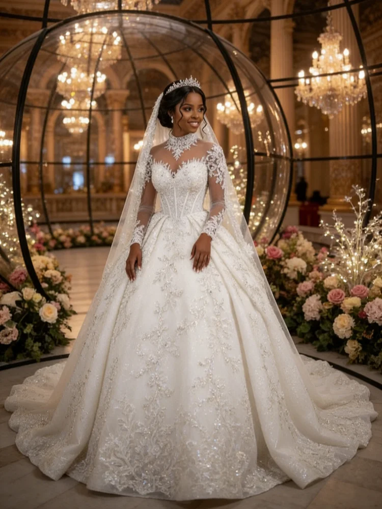 Women's White Elegant Brown Skin Wedding Dress High Neckline Long Sleeved Satin Lace Decal Bead Embroidery Sequin Skirt Custom