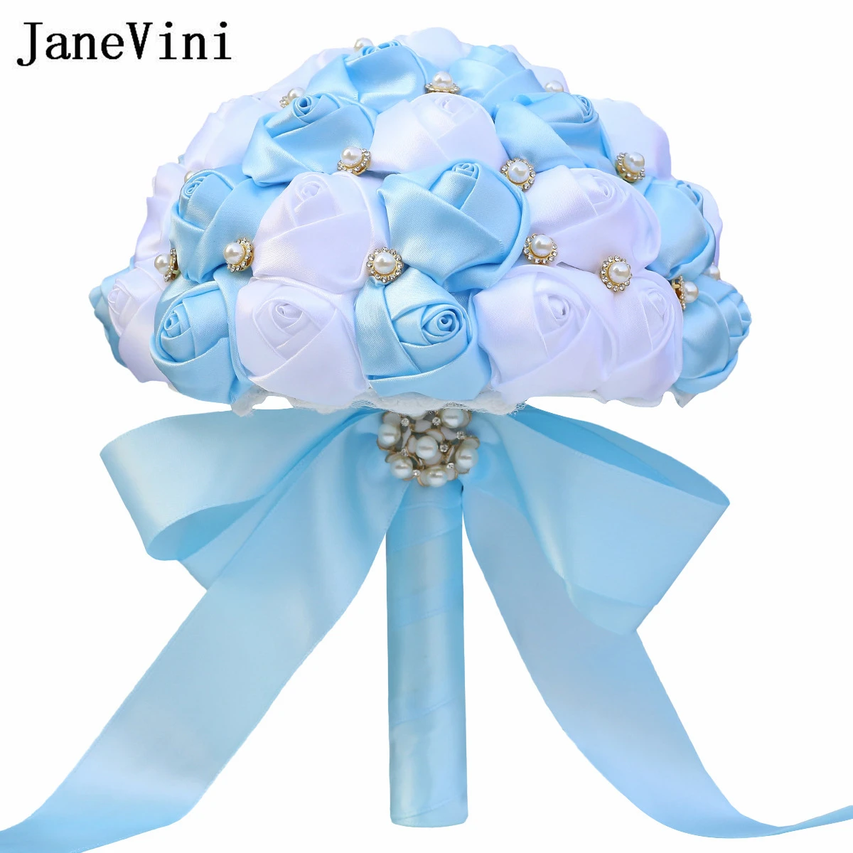 JaneVini-Bouquet de Mariage Élégant Bleu Clair et Blanc, Fleurs de Mariée, Perles Artificielles Personnalisées, Bouquets de Patients, Ramos Novia