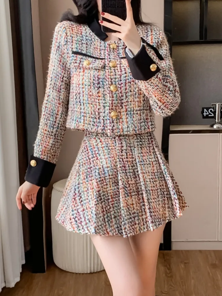 2024 Autumn Winter New Small Fragrant Fashion Set Women French Vintage Tweed Jacket Coat Rainbow Pleated Skirt Two Piece Sets