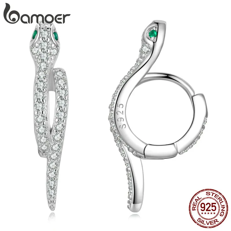 BAMOER 925 Sterling Silver 3D Snake Earrings for Women Shiny Zircon Snake Ear Buckles Statement Fine Jewelry Party Gift BSE669