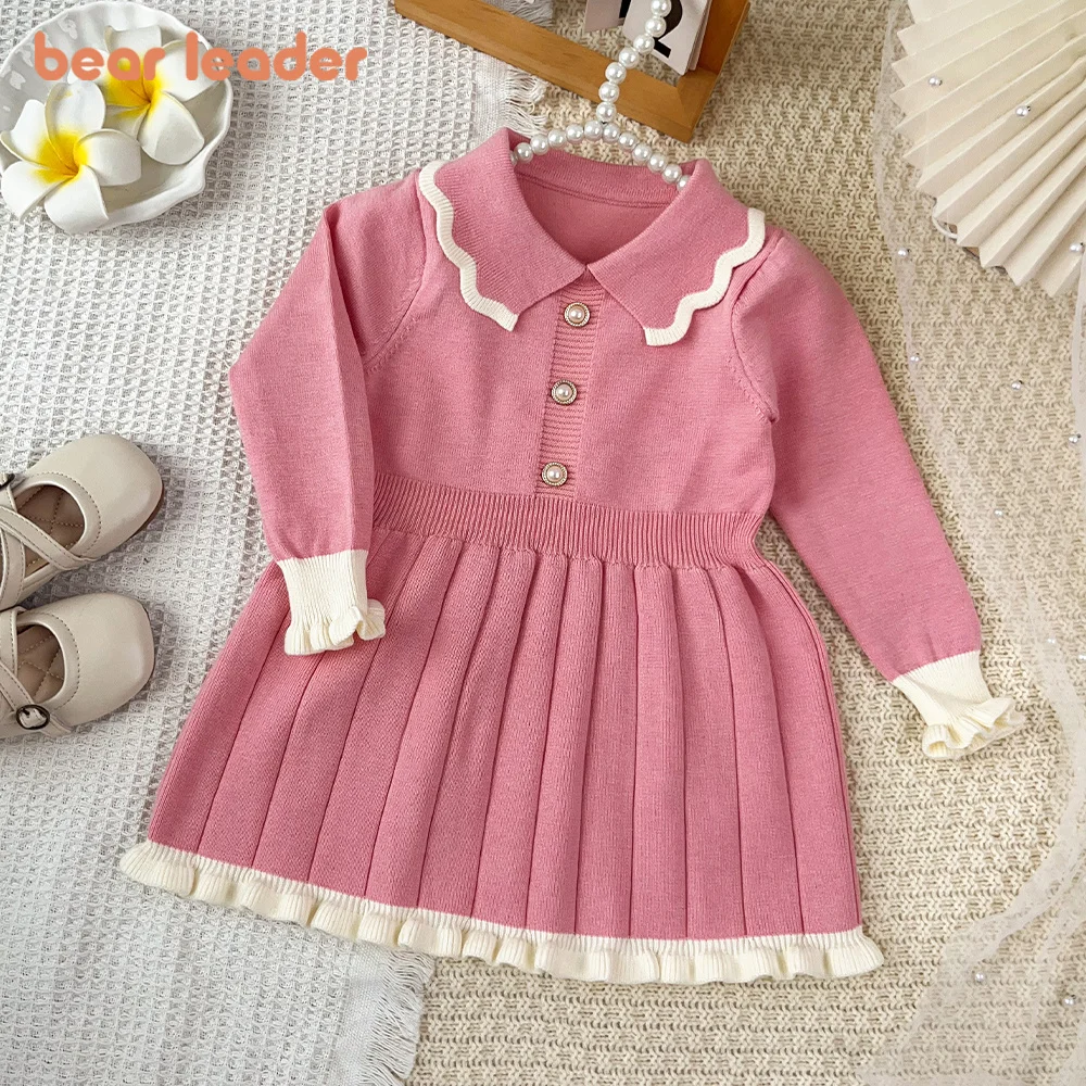 Bear Leader Girls Knit Dress Ruffle Cuff Hem Pearl Buttons Long Sleeve Pleated Knitted Dress Kids Sweet Princess Daily Outfit