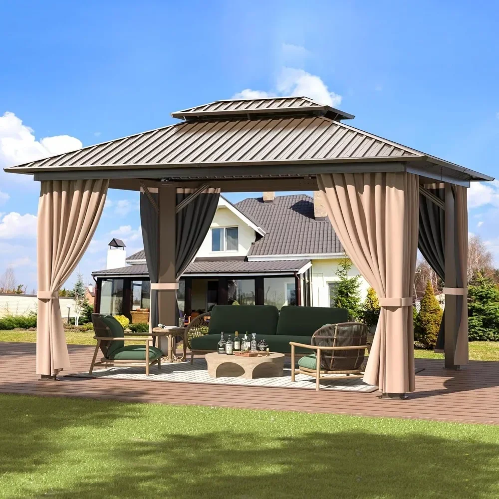 Gazebo Double Roof Canopy with Netting and Curtains, 2-Tier Hardtop Gazebo  Metal Gazebo