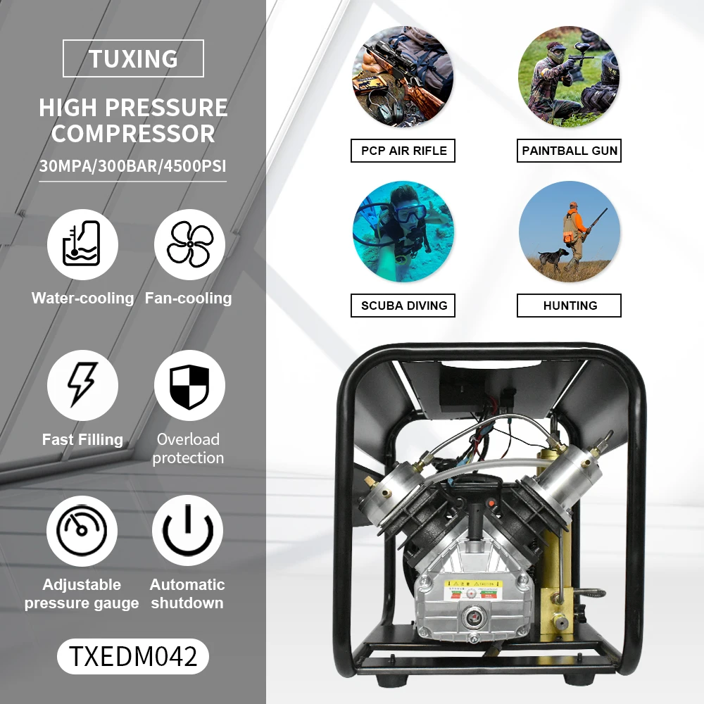 TUXING High Pressure 300Bar 4500Psi 220V Two Stage Piston Double Filter Portable Pump Home PCP Electric Paintball Air Compressor view 3