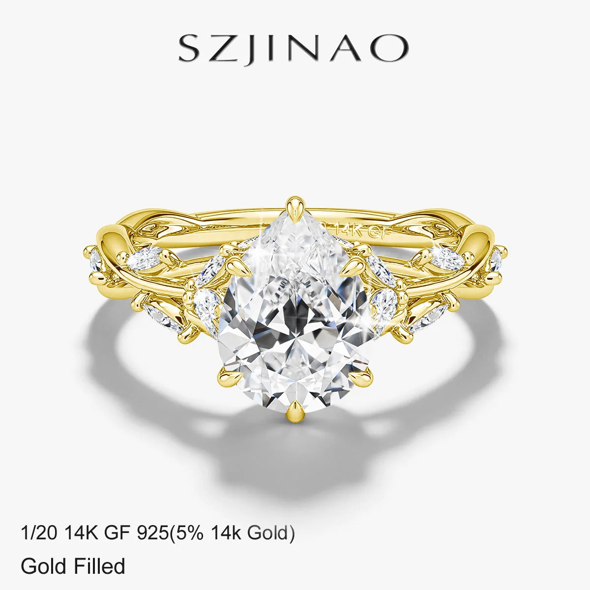Premium 14K Gold Filled 2CT Pear Cut Moissanite Ring Bridal Wedding Sparkle Diamond Ring for Women Fine Jewelry 1/20 14k GF 925