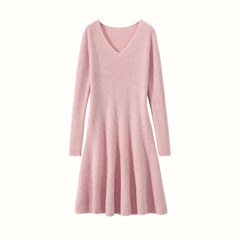 Autumn Winter Women Dress Short Dress Cashmere Knit Jumpers 2024 New Fashion Soft V-Neck Long Sleeve Female Above Knee Pullover