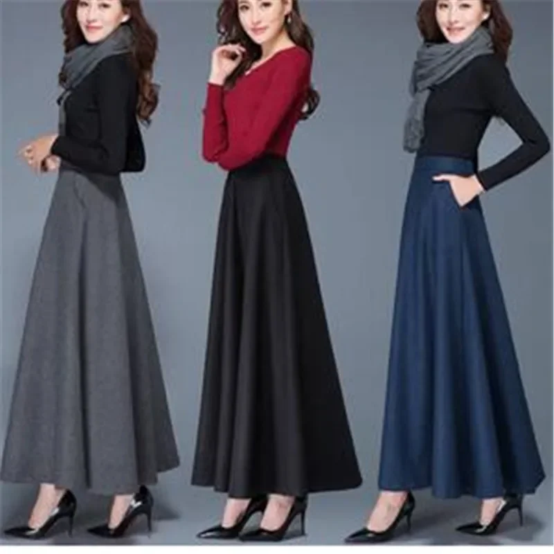 Winter Women Long Woolen Skirt Fashion High Waist Basic Wool Skirts Female Casual Thick Warm Elastic A-Line Maxi Skirts O8399