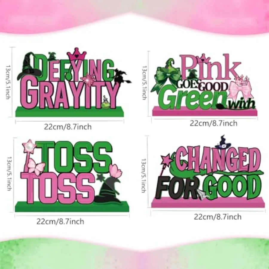 4PCS Wooden Wicked Party Decorations Pink and Green Table Centerpiece for Birthday Halloween Christmas Parties Perfect for Wick