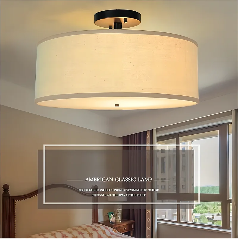 American Country Simple Fabric LED Ceiling Lights Wrought Iron Modern Dining Room Bedroom Study Semi-hanging Cloth Chandelier