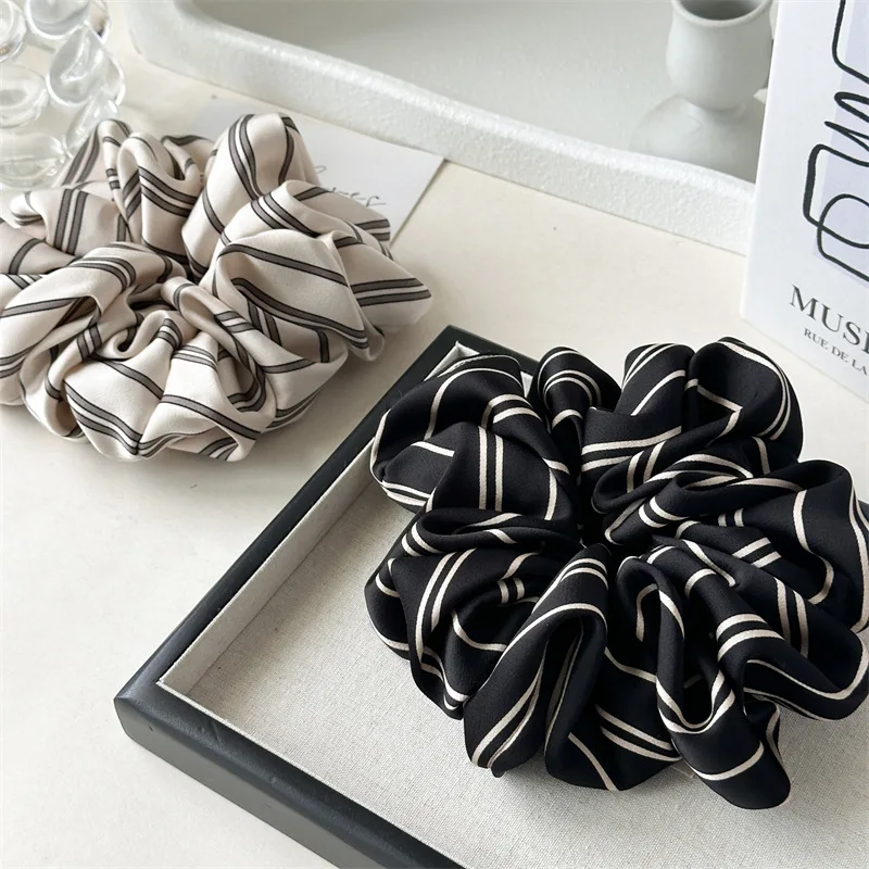 

Korean New Satin Striped Pleated Black White Ruffles Large Elastic Scrunchie Senior Sense Large Ponytail Hair Accessories