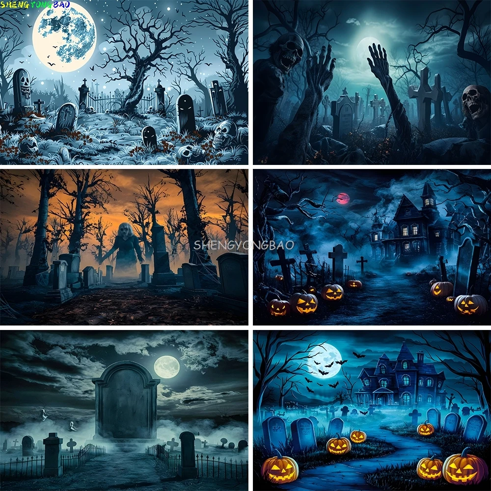 

Halloween Party Photography Backdrops Horror Night Ghost Shadow Terror Zombie Forest Tree All Saints' Day Photo Background SQ-01