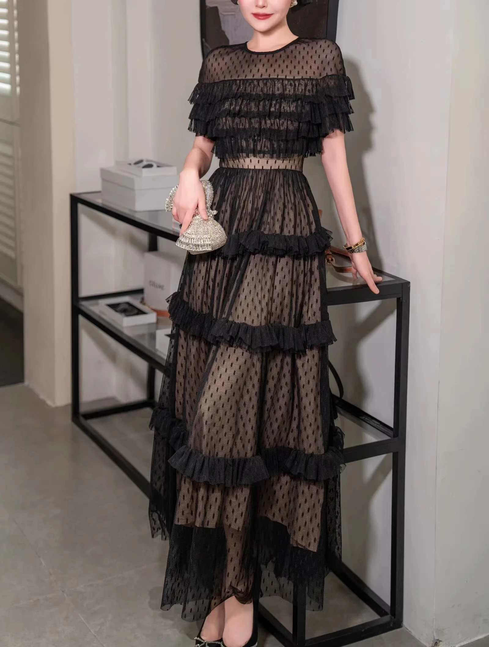 

Black Mesh Dress for Women Elegant Short Sleeve Tiered Ruffles Vintage Clothing Lady Streetwear Holiday Party Vestidos Dot