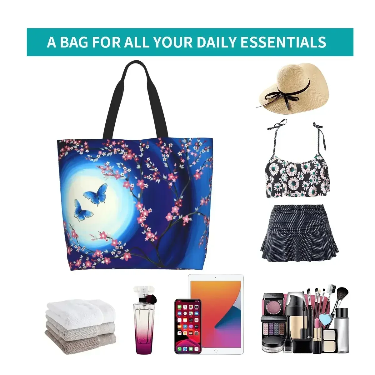 أزهار الكرز الفراشات البقالة حمل أكياس التسوق زهرة الأزهار قماش المتسوق حقيبة كتف حقائب اليد ذات سعة كبيرة