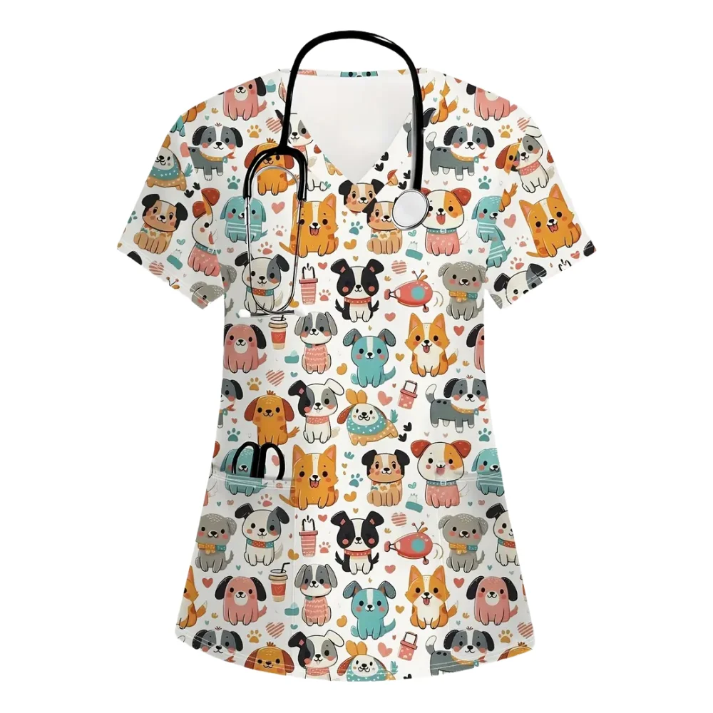 Uniformes de soins infirmiers vétérinaires chat mignon femme décontracté à manches courtes avec poches motif imprimé uniforme confortable uniforme chirurgical femme