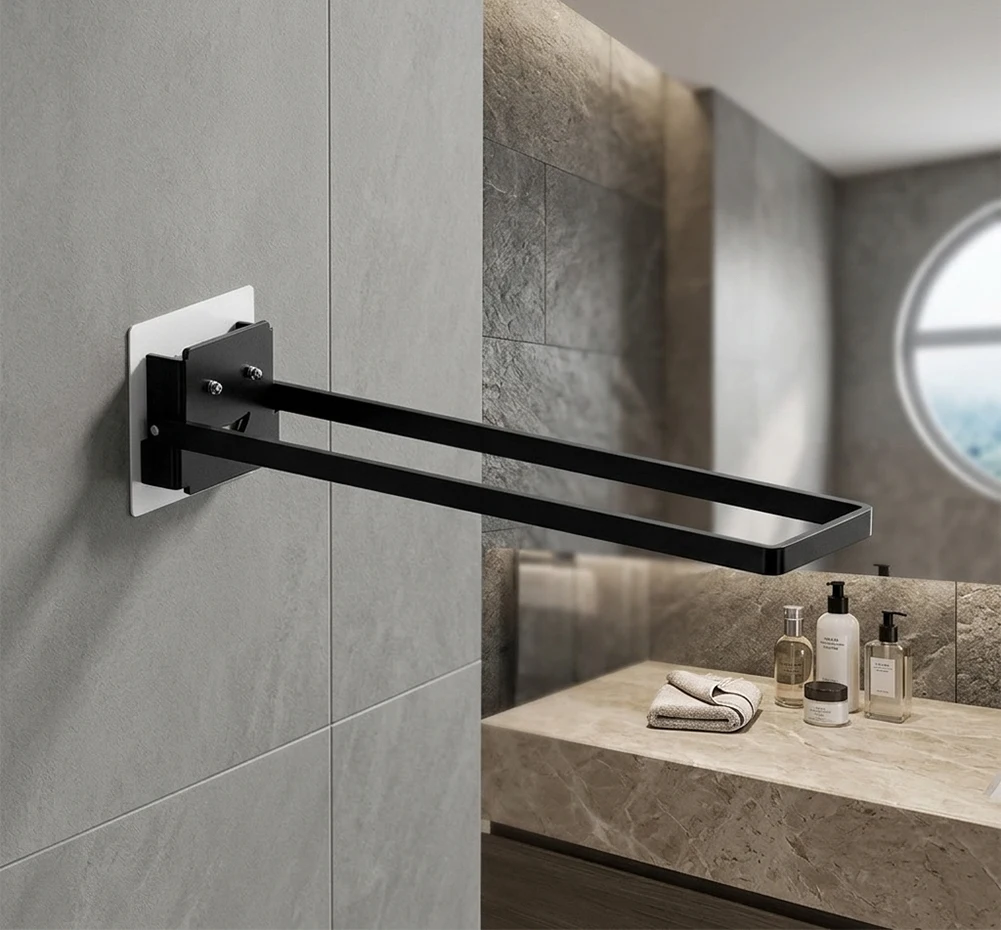 Foldable Black Towel Holder SUS 304 Stainless Steel for Small Bathrooms Kitchens Cabinet Doors 25x7.8x7.2cm Dimensions