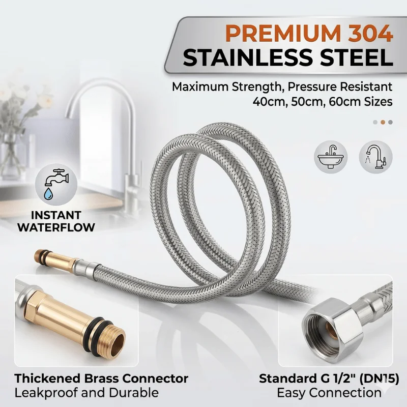 

304 Stainless Steel Braided Faucet Inlet Hose G1/2" Flexible Water Supply Pipe Extension for Kitchen Bathroom Sink 40/50/60cm