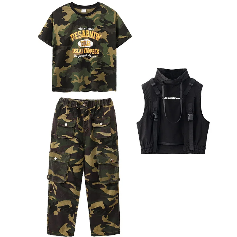 Boys Hip Hop Vest Camouflage T-shirt Cargo Pants Girls Street Dance Clothes Sets Kids Streetwear Child Jazz Military Outfits