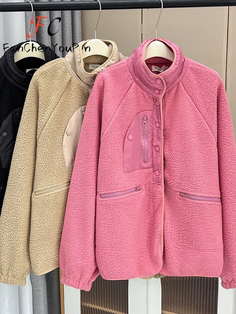 Women\'s Coats 2024 New Design Sense Casual Vintage Button Pink Fleece Lamb Patchwork Tops Korean Over-size Loose Jackets Female