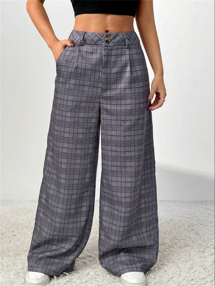 

Benuynffy American Retro Loose Plaid Casual Pants Women's Spring Autumn High Waist Office Streetwear Oversize Wide Leg Trousers