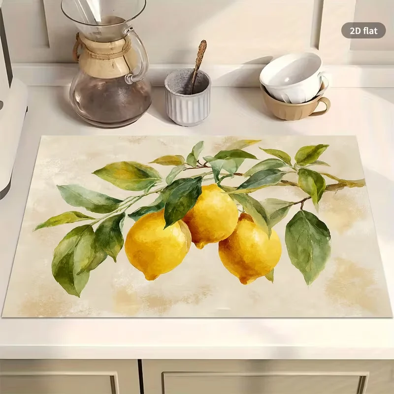 Tapete de Secagem de Louça com Estampa de Limão em Aquarela, Protetor de Bancada com Arte de Frutas, Escorredor Decorativo para Copos e Utensílios, Decoração de Cozinha