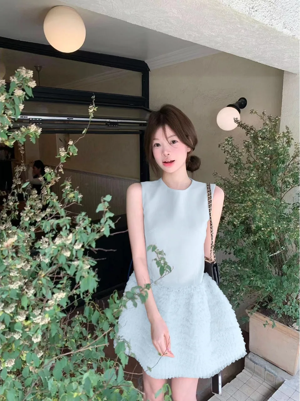 Princ Sle Vest Dr Women Summer 2025 New Waist Cinched Tulle ort Skirt Splice Net Gown Korean Sle round Ne Sv...