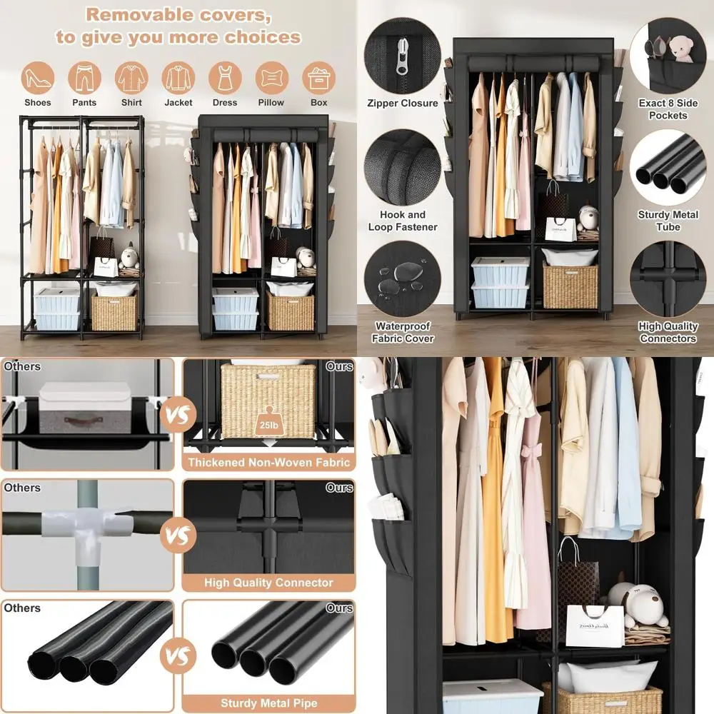 

Black Portable Clothes Closet with 4 Shelves, 2 Rods, 8 Pockets, Easy Setup for Bedroom Storage