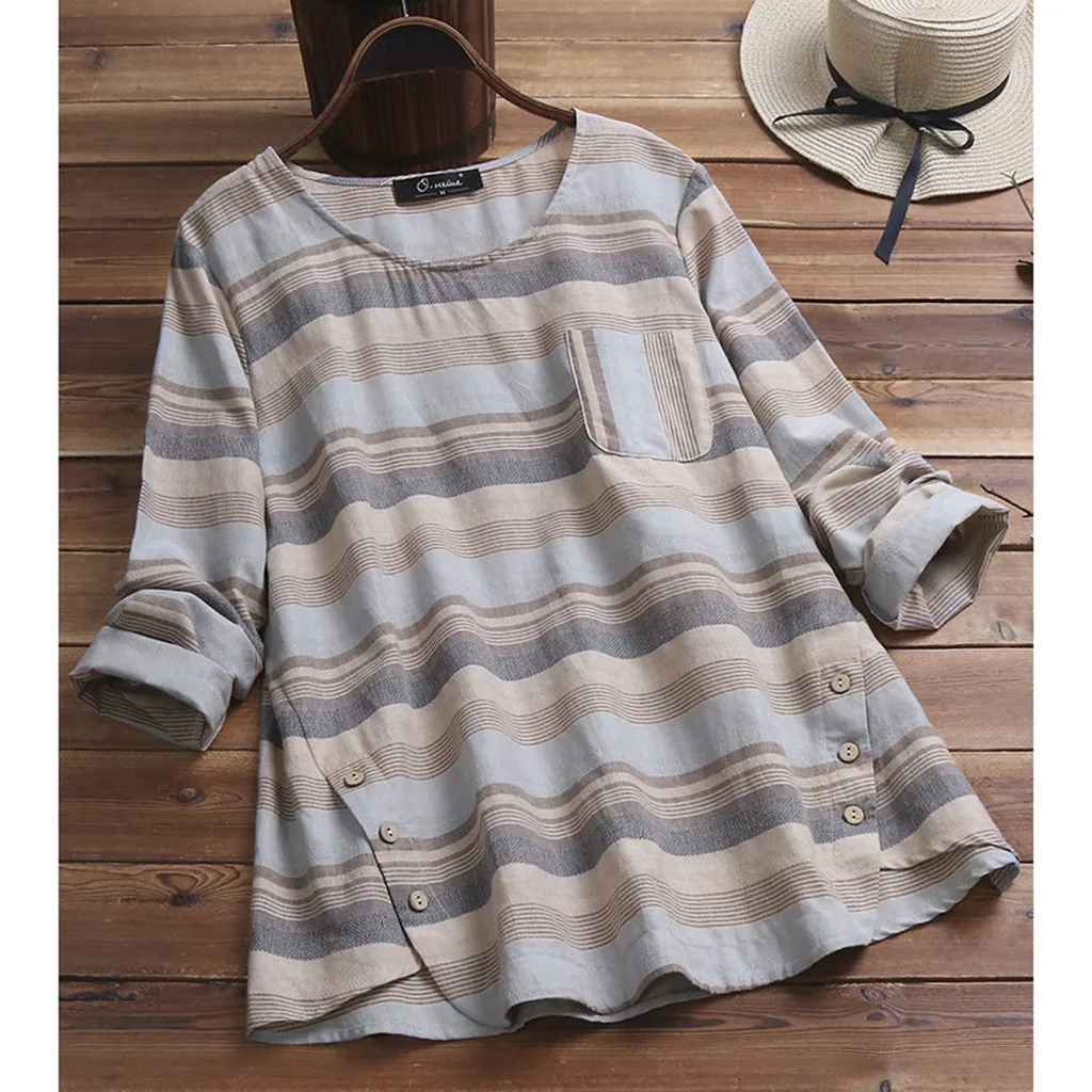 Women Casual Plus Size Stripe Loose Linen Button Tunic Shirt Blouse Tops Ropa De Mujer Ofertas Con EnvíO Gratis Kawaii Clothes