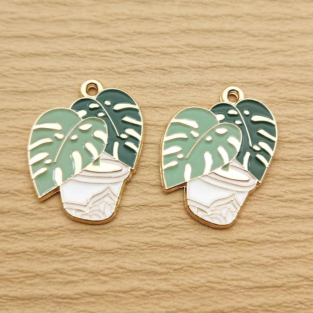 10pcs Pot Plant Charm for Jewelry Making Enamel Pendant Diy Accessories Zinc Alloy Gold Plated