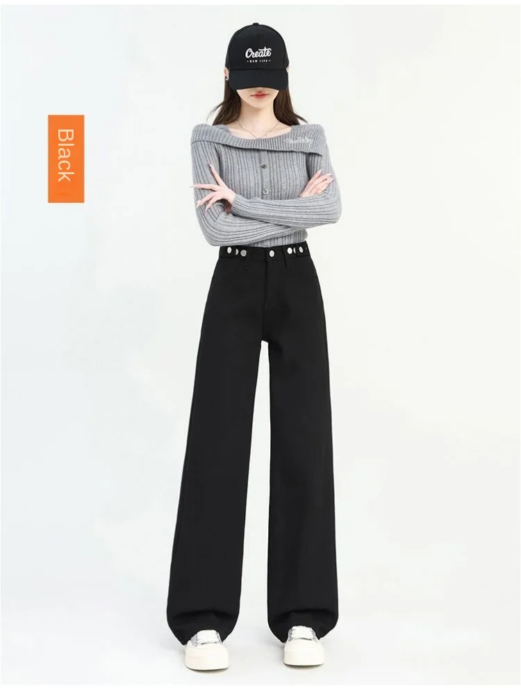 Womens Y2K Jeans High Waist Loose Fit Multi Button Adjustable Winter  Fleece Lined Korean Style Slim Straight Wide Leg Pants