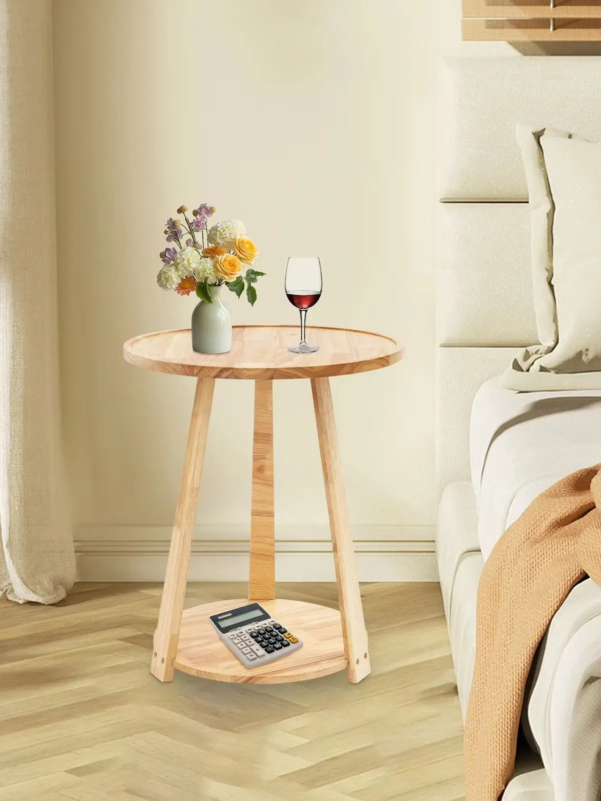 Muji Style Rubberwood Round Accent Table Natural Wood Finish