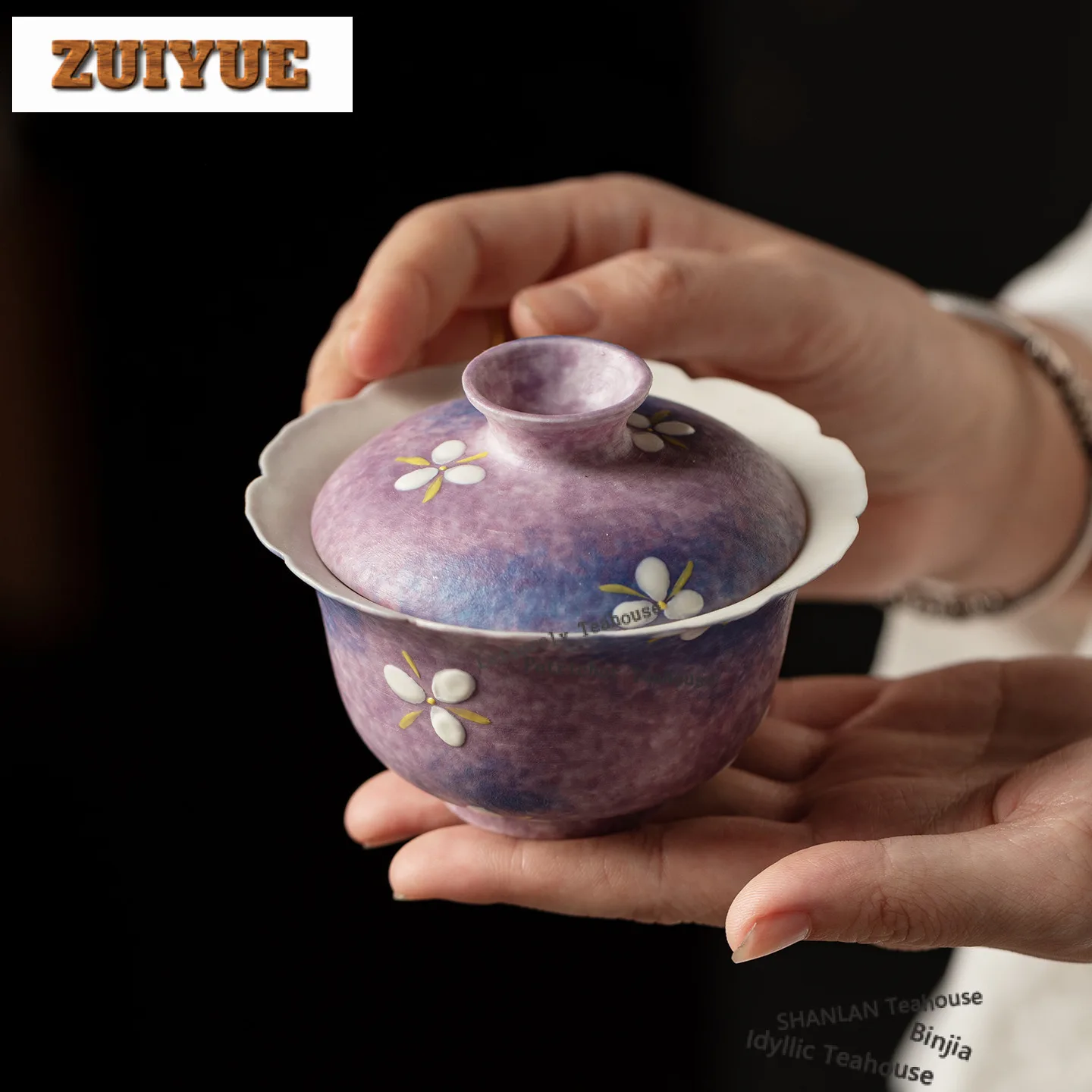 

150ml Hand-painted Purple Flower Gaiwan Traditional Tea Tureen Tea Bowl With Lid Kit Tea Maker Cover Bowl Tea Services Craft