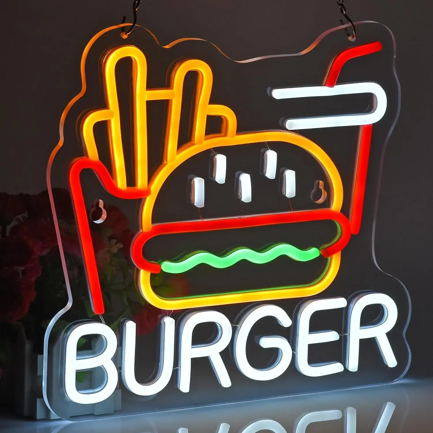 Burger Fries Neon Sign For Wall Decor Art Hamburger LED Neon Light Fast Food Business Sign For Home Restaurant Man Cave Decor