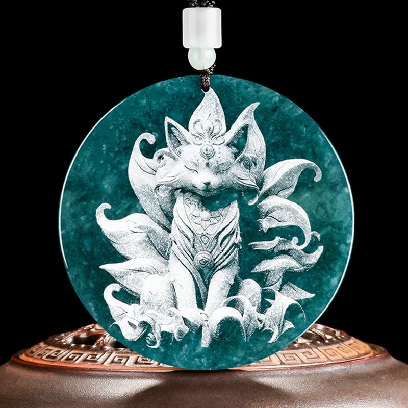 

Natural Burmese Blue Emerald Nine-tailed Fox Pendant Necklace Jade Fashion Charm Jewelry Shadow-carved Amulet Gifts for Women