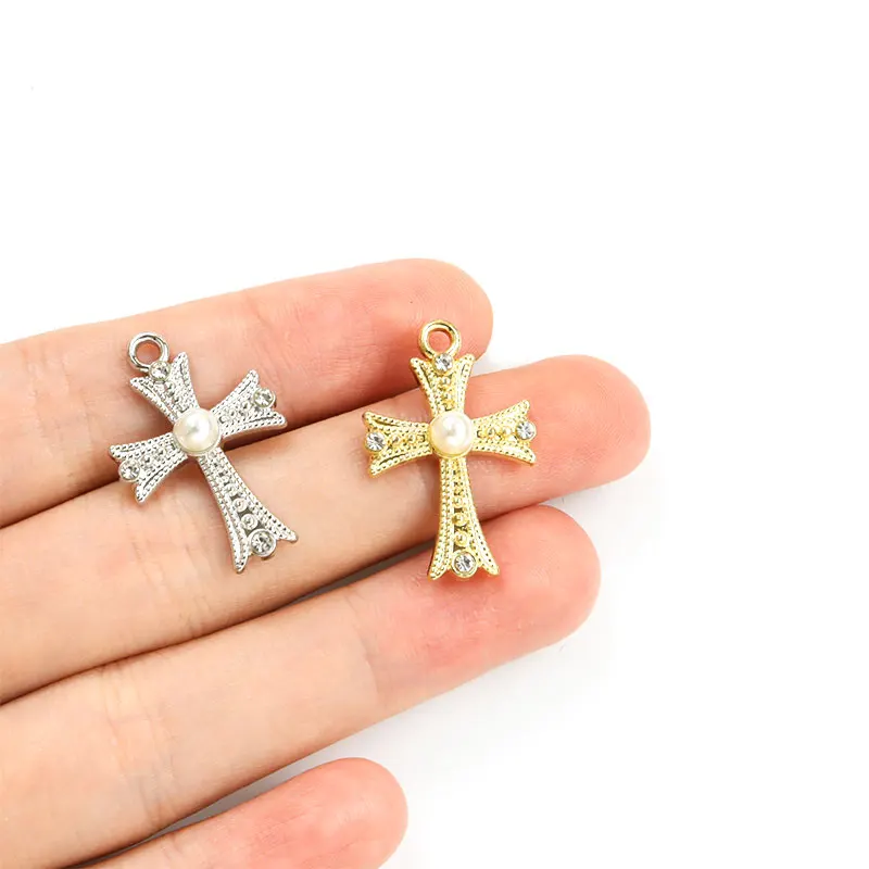 10pcs Trendy Cross Rhinestones Pearl Charms 2 Colors Metal Crystals Crucifix Pendant for DIY Handmade Catholic Christian Jewelry