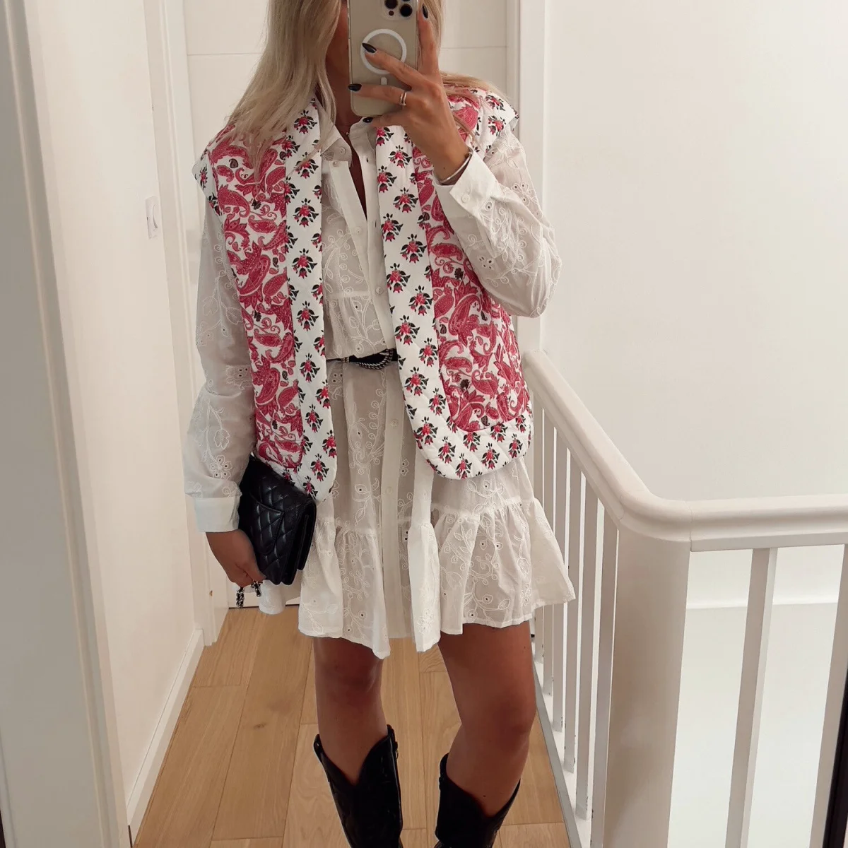 

Faionable Floral Print Patchwork Quilted Vest Women's Street Sle Autumn New Arrival Open Front Svel Top Polyester F...