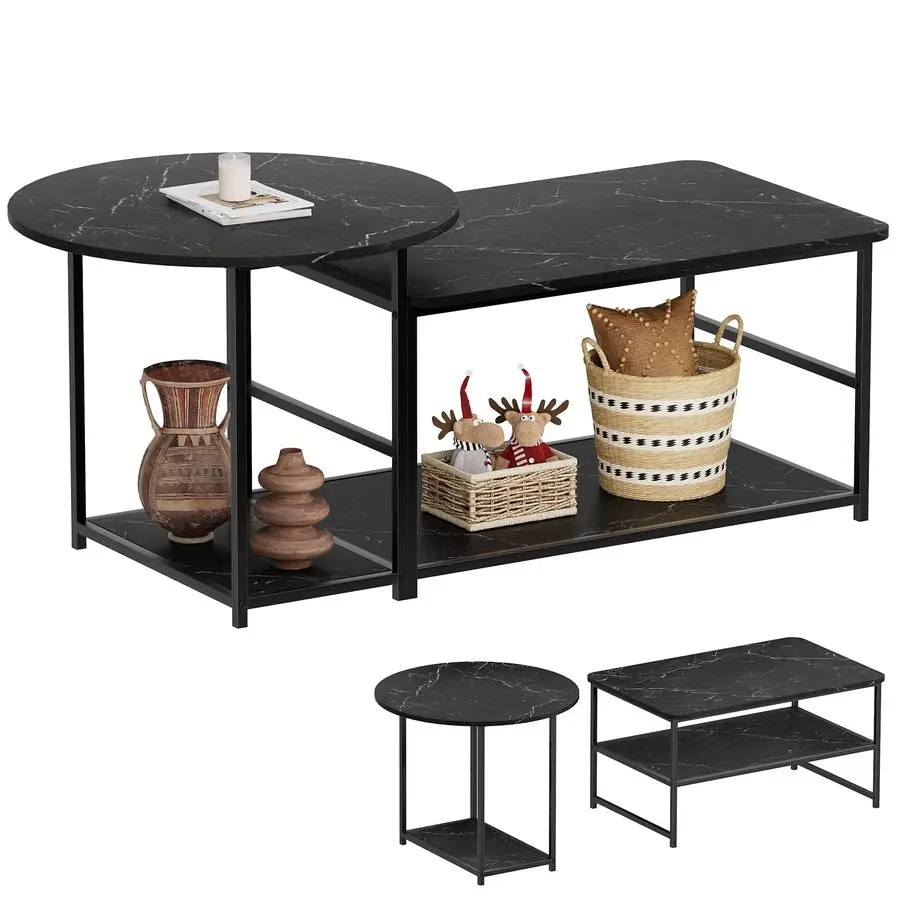 Coffee Table, Black Modern Coffee Tables for Living Room 2 in 1Detachable Small Center Table Set with Storage, Black Marble