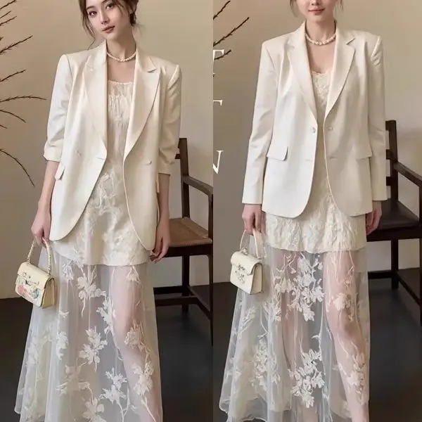 Blazer Oversize Women Women'S Summer Suit Satin-Effect Romantic Wash Simplicity Ruffle Skinny Translucent Delicate Overlay