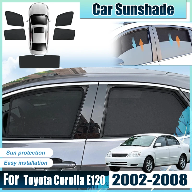 

Для Toyota Corolla E120 2007: Аксессуары, солнцезащитные шторки на передние и задние окна (2002, 2003-2008), анти-УФ, отражающие тепло, сетчатые.