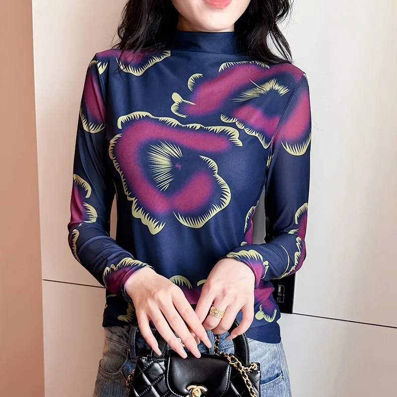 Casual Women Half High Collar Print Mesh Long Sleeve T Shirt Autumn Fashion Versatile Blouse