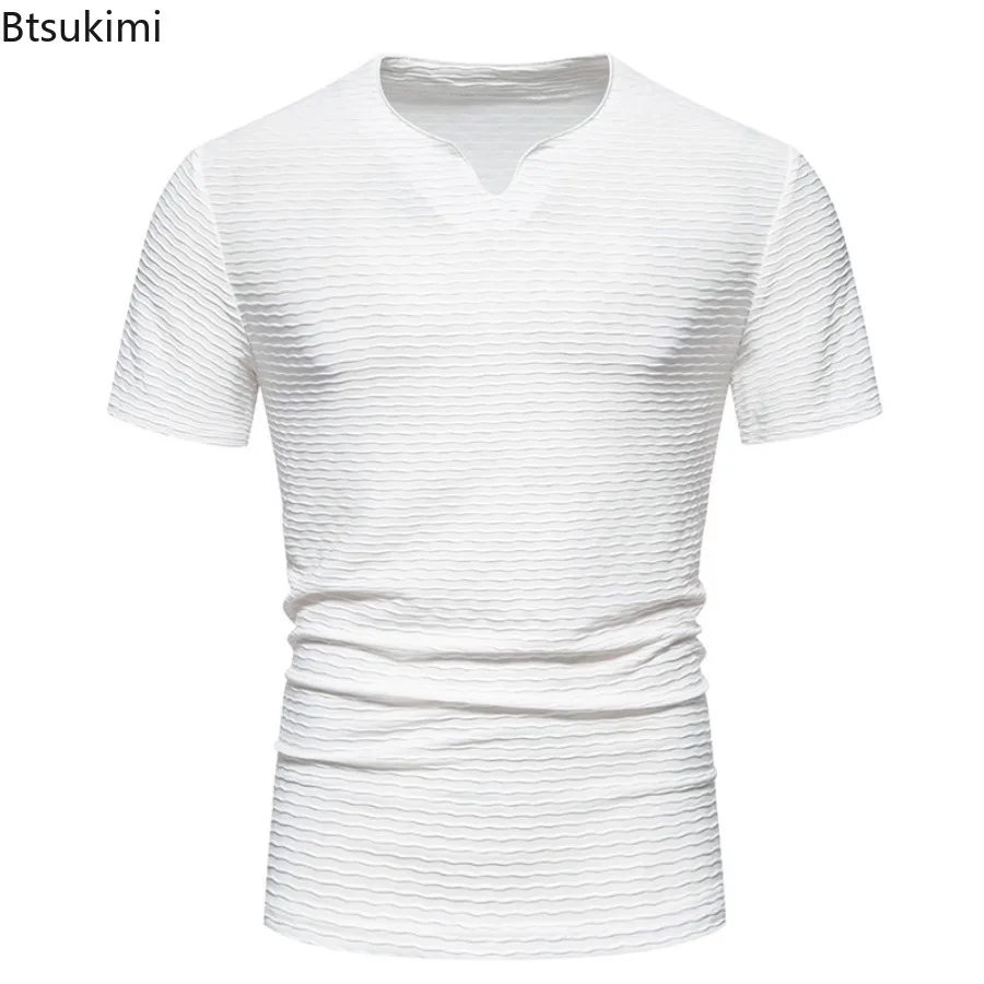 

Fashion New Wrinkle Striped Casual T-shirts for Men Summer Short-sleeved Solid V-neck Pullover Male Trend Versatile Simple Tops