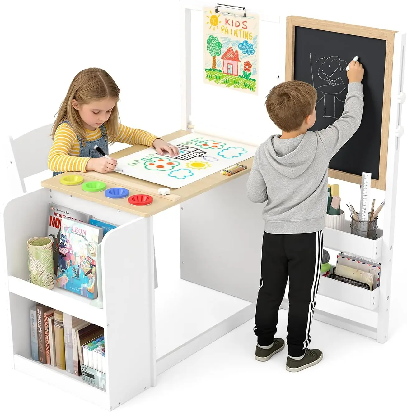 3 in 1 Kids Art Table and Chair Set, Easel Table for Kids, Toddler Craft and Play Wood Activity Desk with Adjustable Double-Sided Magnetic Easel, Paper Roll, Storage Box, Book Shelves