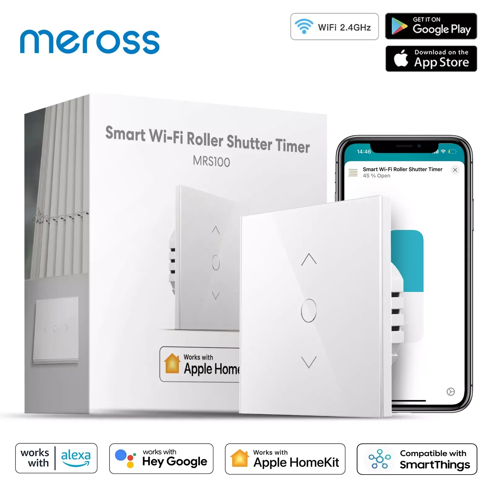 

Meross HomeKit Smart Wi-Fi Roller Shutter Timer Electric Motor Curtain Blind Switch EU/UK Version Support Alexa Google Assistant