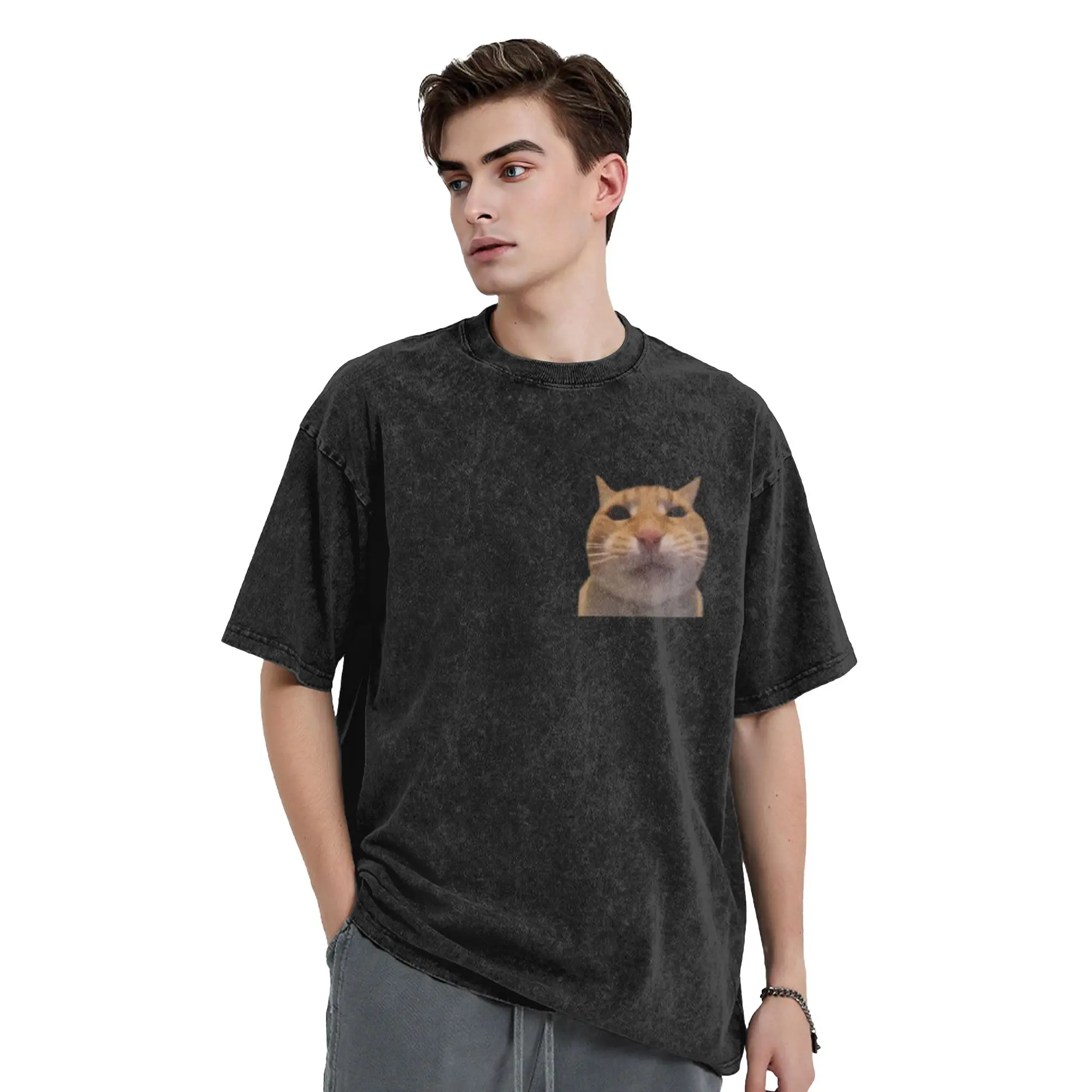 Smiling Funny Meme Cat Unique Cool A Vintage Oversized Cotton Unisex T-Shirts