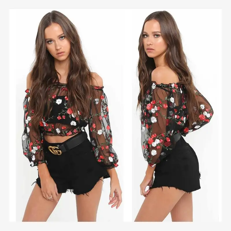 

Faionable Wiebay Sle Embroidered Me One oulder Top Women's Clothing Sexy Breathable Bubble Sve Ultra ort Length