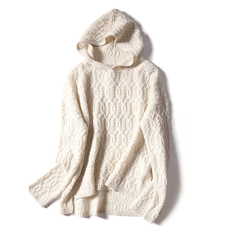 

Early Autumn New Women's Korean Simple Solid Color Loose Hooded Pullover Wool Sweater Lazy Style Top